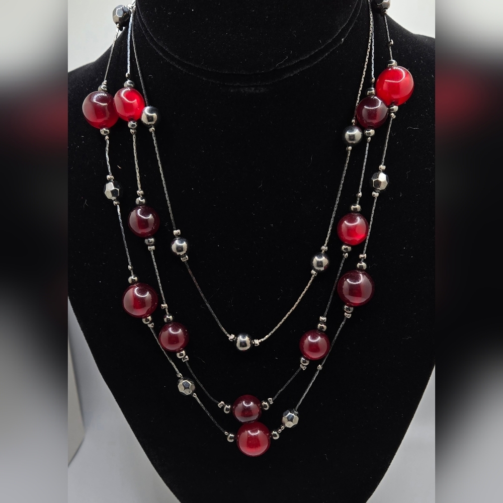 Red Bead Necklace with Gunmetal Grey Chain Beads Clasp 16" Plus 3" Extender